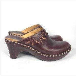 Frye Charlotte Flower Brown Leather Heeled Mule Clogs